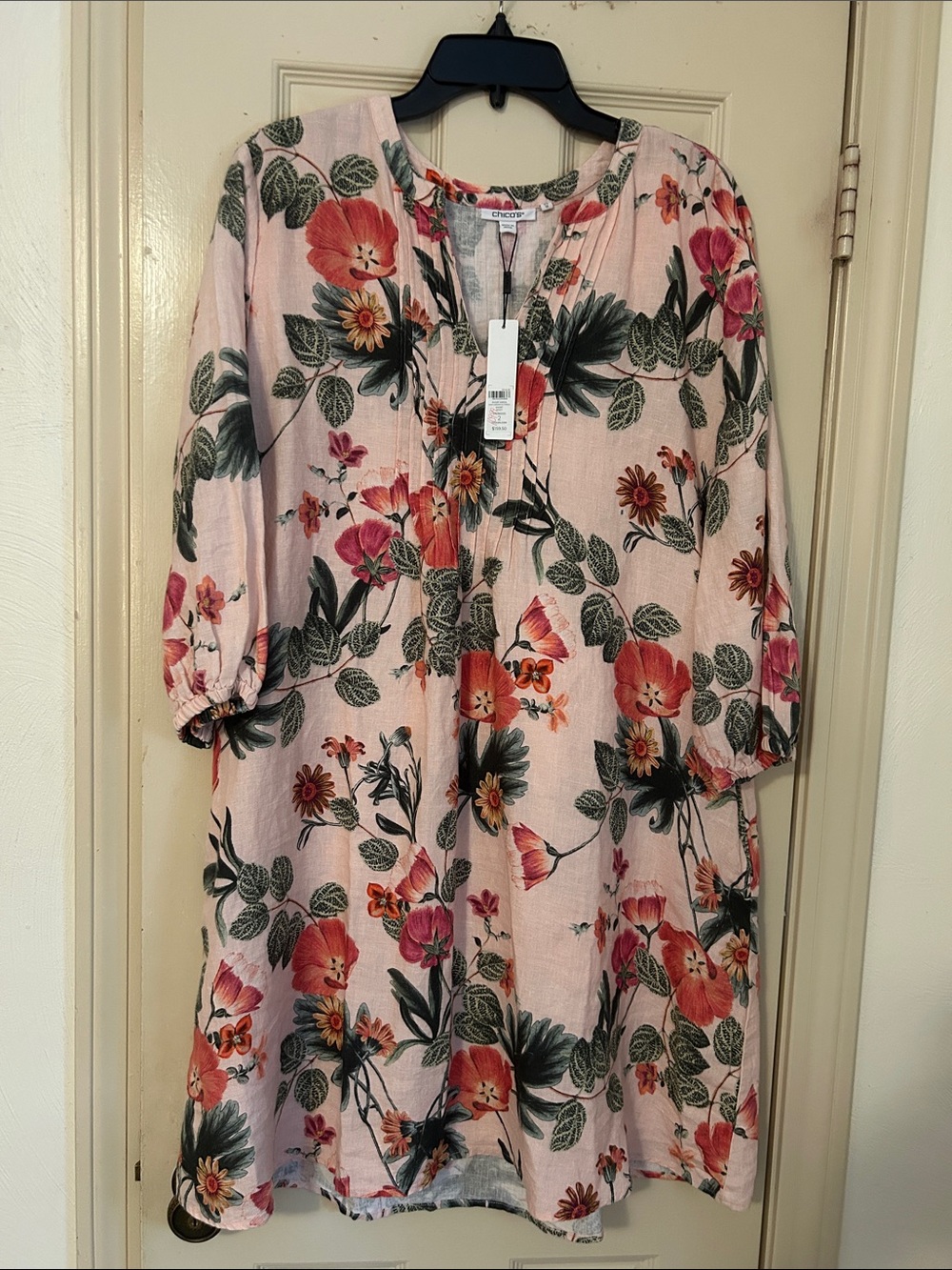 Chico's Pink Floral Long Sleeve linen dress.